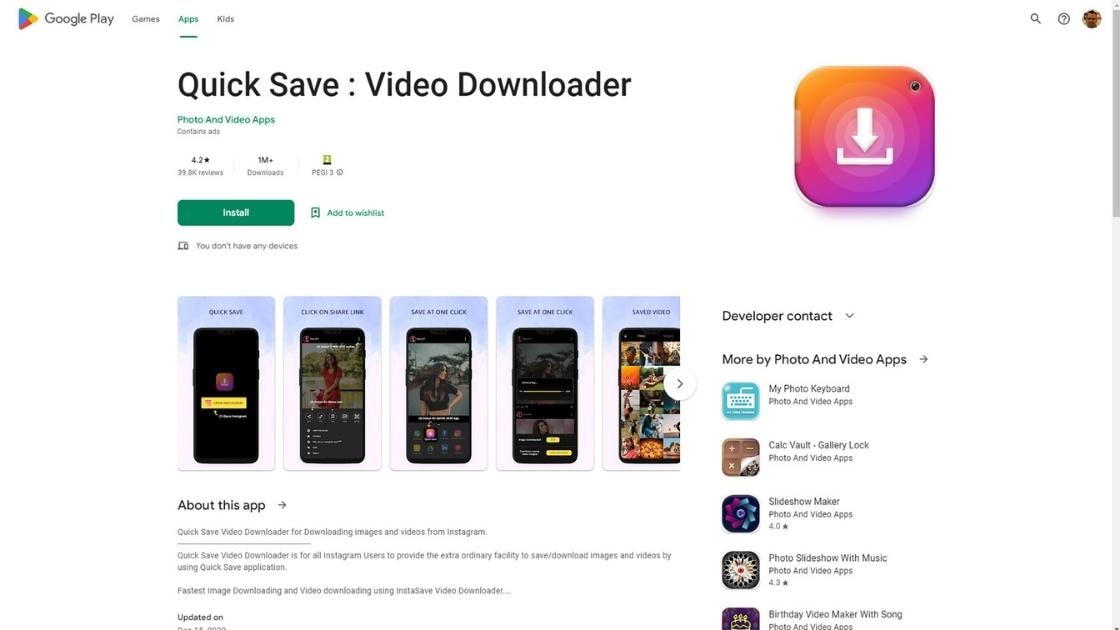 QuickSave google play app download page screenshot