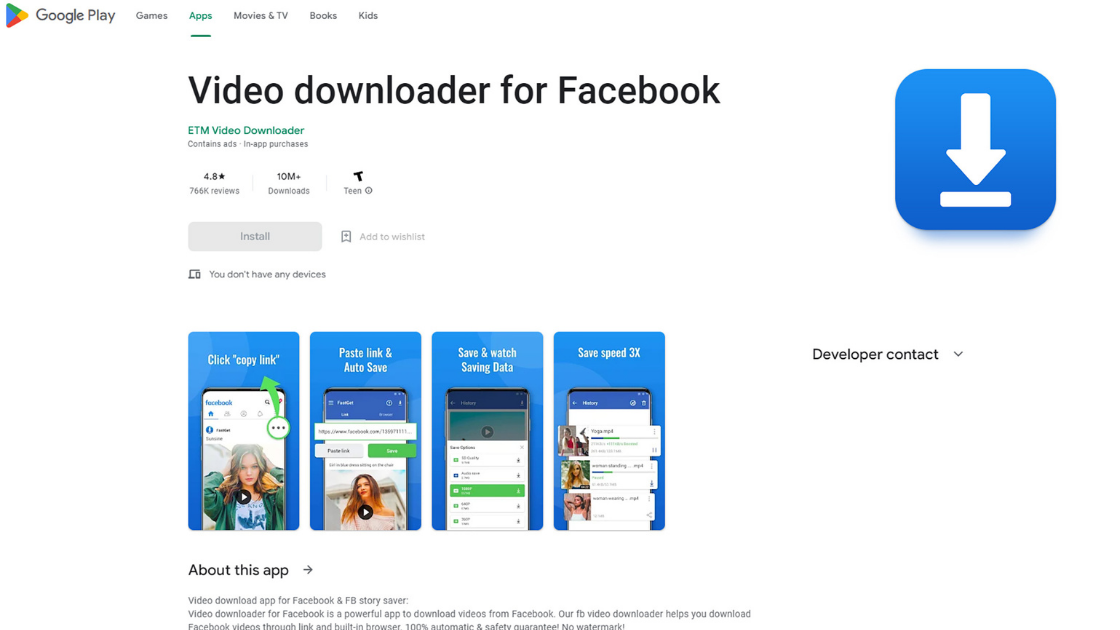 video downloader for facebook google play store screenshot